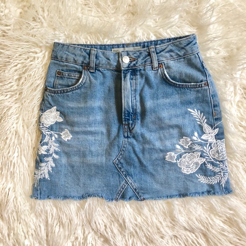 Topshop Embroidered Denim Skirt